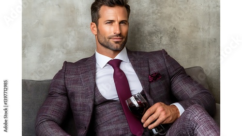 A stylish man in a burgundy suit, holding a glass of wine.