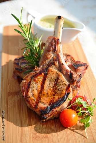 Grilled pork chops served on a wooden cutting board with fresh herbs and cherry tomatoes