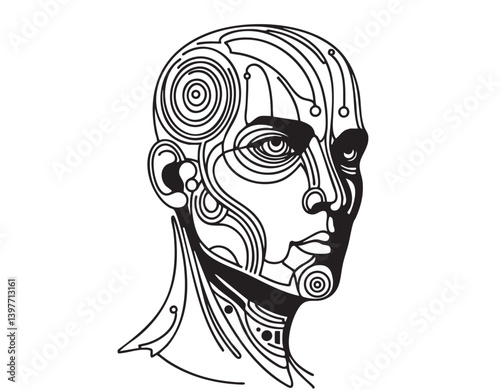 Abstract particle silhouette of a human face in profile. futuristic portrait of human cyborg artificial intelligence
