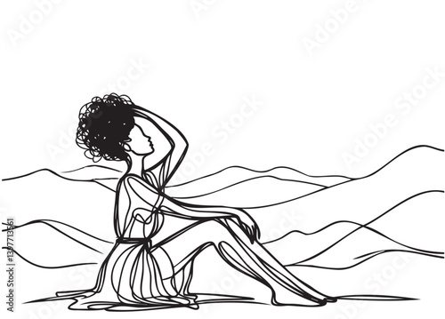 Line sketch silhouette woman in linen clothes, mental wellness, relax in mountains. Woman with curly hair