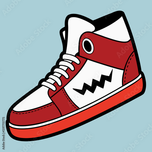A bold red and white high-top sneaker with a zig-zag design, a stylish statement of youthful energy and playful rebellion in a simple, clean illustration style.