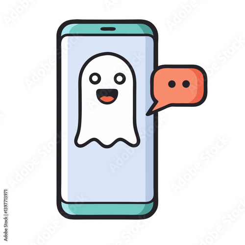 A cheerful ghost on a smartphone screen playfully sending a message, depicted in a vibrant, cartoonish style with bold outlines and bright colors.