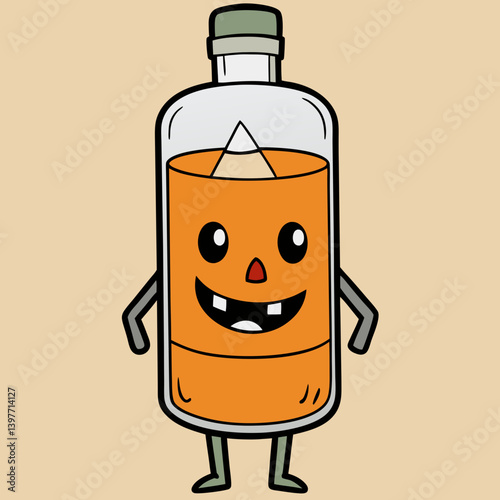 A cheerful, orange-filled bottle with a jack-o'-lantern face and tiny legs, joyfully holding a pencil inside, against a warm tan background.