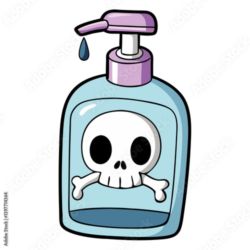 A chilling cartoon soap bottle displaying a skull and crossbones, hinting at danger and toxicity with a light blue bottle and purple pump.