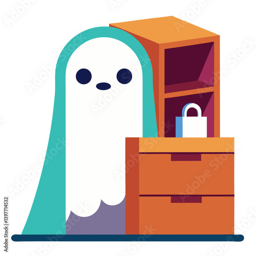 A friendly ghost peek-a-booing from behind a teal cloak, next to a small wooden dresser and shelf with a mysterious package, in a playful, minimalist illustration.