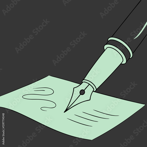 A fountain pen elegantly inscribing a heartfelt letter, a testament to timeless correspondence, in a minimalist green and grey palette.