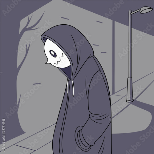 A hooded figure with a skull-like face walks alone at twilight, a melancholic stroll down a quiet city street under a single streetlamp casting long shadows.