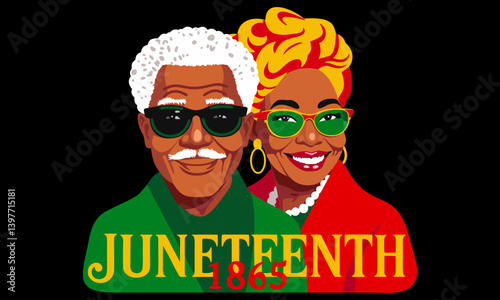 Juneteenth. Freedom day. Annual american holiday, celebrated in June 19. African-American history. Vintage vector poster with happy elderly black couple