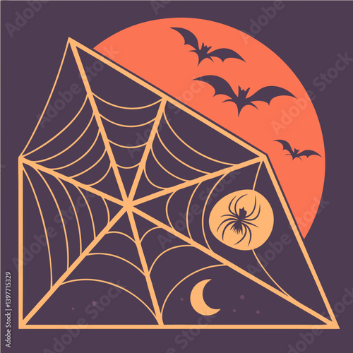A spider patiently waits in its geometric web under a haunting Halloween moon, bats flitting past in the twilight sky with warm orange and purple hues.