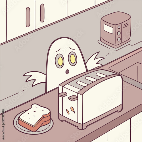 A surprised ghost peeking from behind a kitchen counter watches toast popping up from a toaster in a whimsical kitchen scene with muted pastel tones.