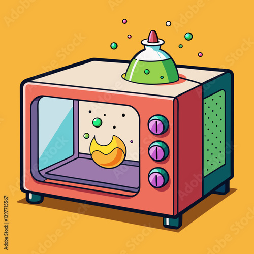 A whimsical microwave brewing a magical potion, a vibrant burst of color and playful energy with bold outlines and a retro feel.