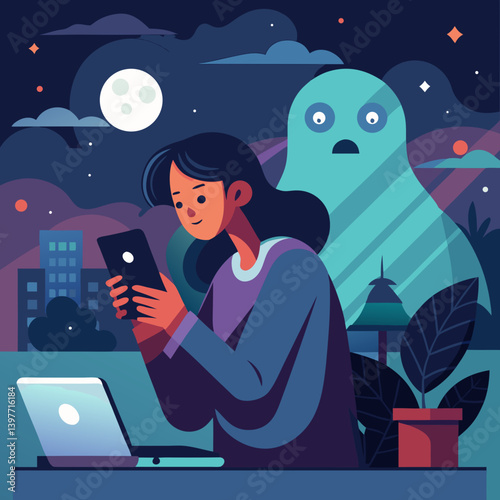 A young woman engrossed in her phone late at night, a ghostly figure looming nearby under a moonlit sky with vibrant colors and flat design.