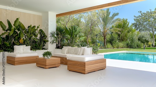 Modern mediterranean patio with teak furniture and pool view