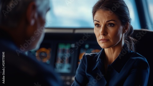 A stunning middle-aged woman airplane captain instructor confidently facilitates a meeting with the aircrew