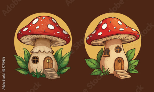 Whimsical Mushroom Cottage Illustration: An illustration of charming mushroom houses nestled in a tranquil nature scene. The image evokes a sense of wonder and fairytale delight.