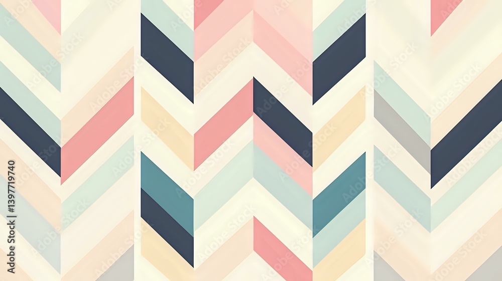 Geometric chevron pattern in soft pastel pink, navy blue, mint and cream colors creates modern zigzag design. Seamless repeat for fabric and wallpaper. Geometric chevron pattern in soft pastel pink, navy blue, mint and cream colors creates modern zigzag design. Seamless repeat for fabric and wallpaper.