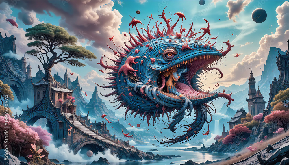 Obraz premium Fantastical Creature Hovering Above a Surreal Asian-Inspired Cityscape