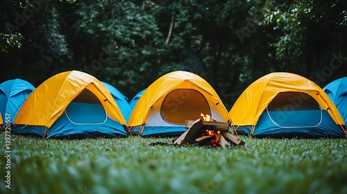Camping tents clustered in a grassy field, by a crackling campfire.