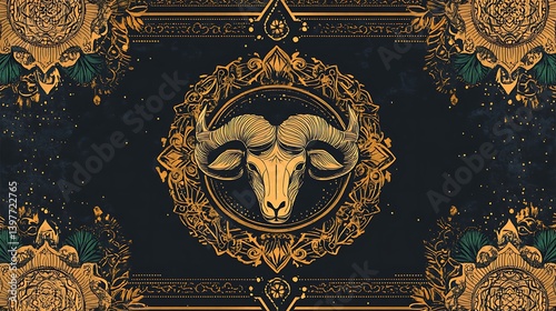 Ornate gold zodiac ram design on a dark background