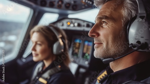 an image of a confident mature male pilot participating in a collaborative aircrew briefing. A professional middle-aged woman airplane captain instructor provides leadership