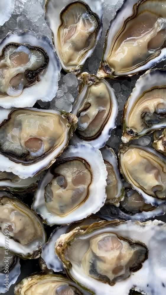 Vertical video of Close up fresh oysters on crushed ice ( Vertical video of Close up fresh oysters on crushed ice (