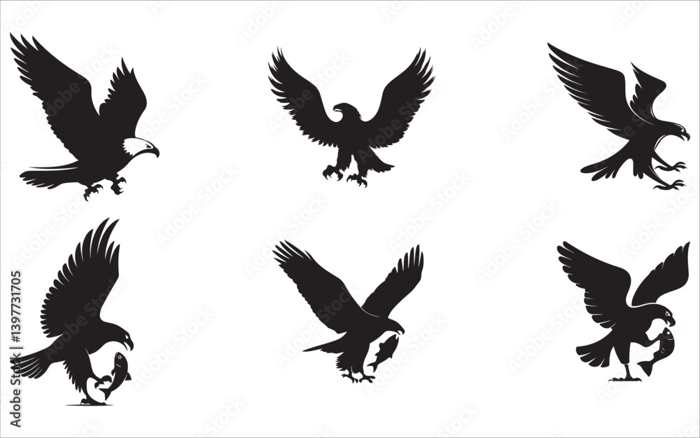 Obraz premium Eagle Catching Fish Silhouette Set – Predator Bird Logos in Flight