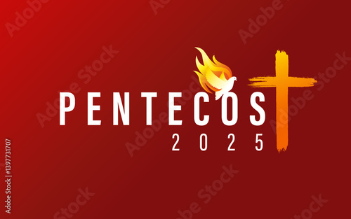Pentecost Sunday 2025 with Holy Spirit dove and cross. Come Holy Spirit with dove in flames and typography concept for poster or banner design. Vector illustration