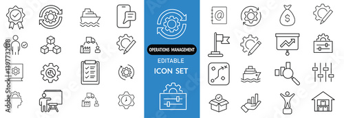 Operations management Editable Stroke icon collections. Containing production, logistics, supply chain, manufacturing, planning, inventory, strategy, customer satisfaction and cost icons