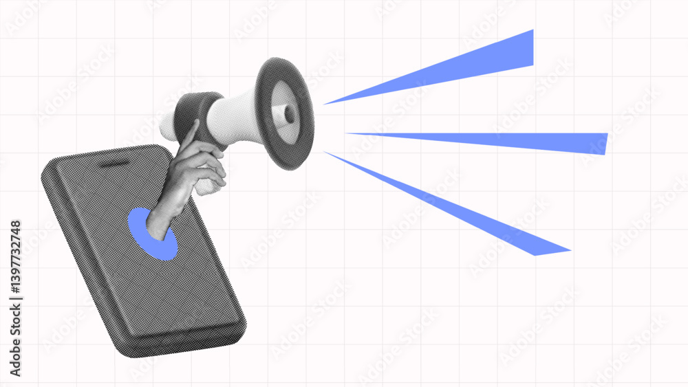 halftone collage, hand gesture holding Megaphone emerging from smartphone, digital marketing, online promotion and mobile advertising reach halftone collage, hand gesture holding Megaphone emerging from smartphone, digital marketing, online promotion and mobile advertising reach