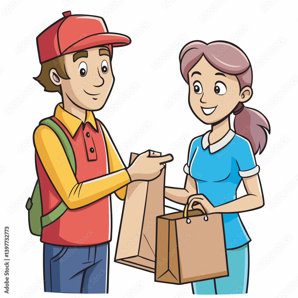 Delivery Man or Courier Handing Paper Bag with Order to Customer — Woman Receiving Package. Shipping Service and Logistics Concept. Vector Illustration. Delivery Man or Courier Handing Paper Bag with Order to Customer — Woman Receiving Package. Shipping Service and Logistics Concept. Vector Illustration.