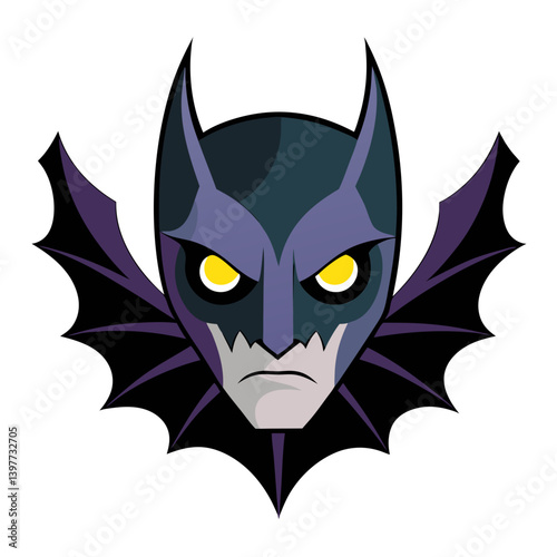 A brooding, stylized bat-themed superhero portrait, radiating mystery and power with bold purple and dark tones.