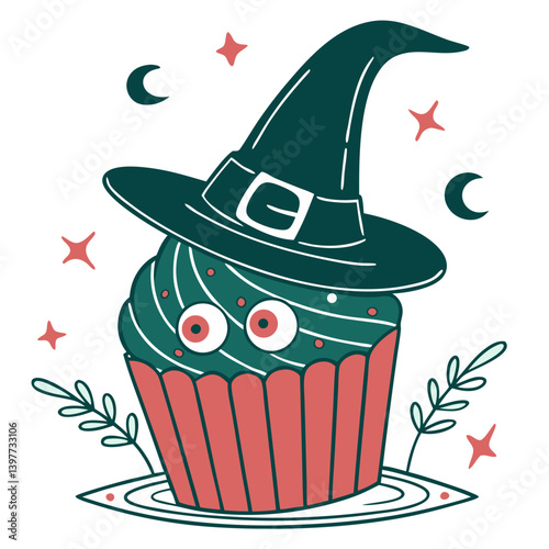 A mischievous cupcake witch casts a spell of spooky sweetness for a whimsical Halloween treat, adorned with a dark green hat and red eyes against a starry night.