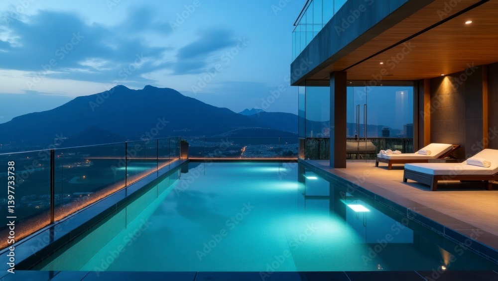 Obraz premium A stunning rooftop spa area with an infinity pool offering spectacular mountain views surrounded by lush greenery and modern lounge chairs for ultimate relaxation