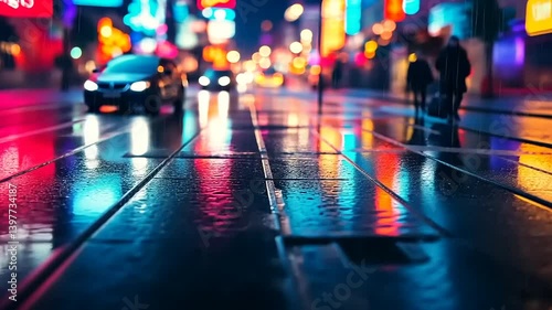 Wallpaper Mural Rain-soaked city street at night with colorful neon lights and blurred pedestrians in motion Torontodigital.ca
