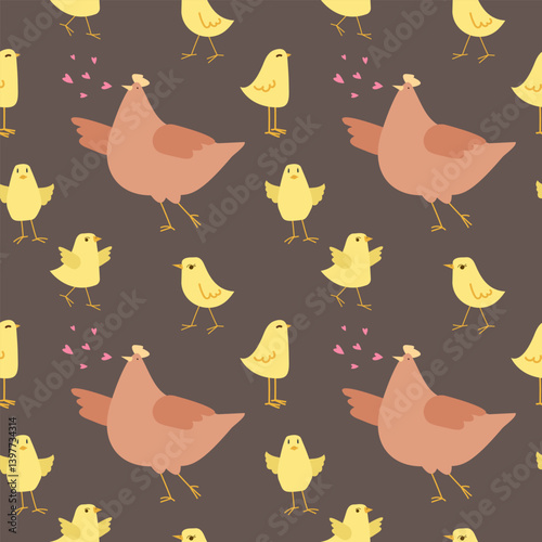 Seamless pattern with hen and chicks on a dark background. Chicken with brood. Cute lovely family of domestic fowl or poultry birds. Childish flat cartoon vector illustration.