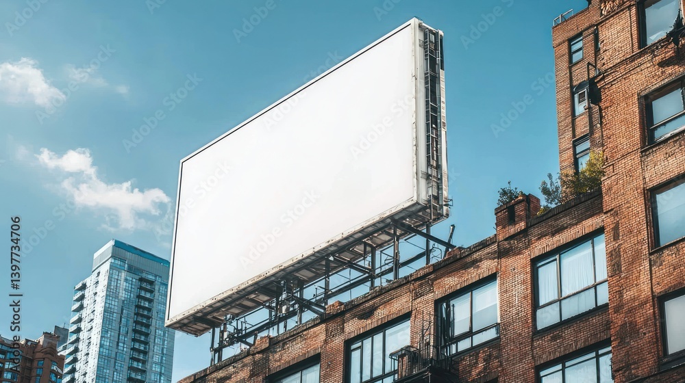 Modern high-rise building with bold white billboard in urban skyline Modern high-rise building with bold white billboard in urban skyline