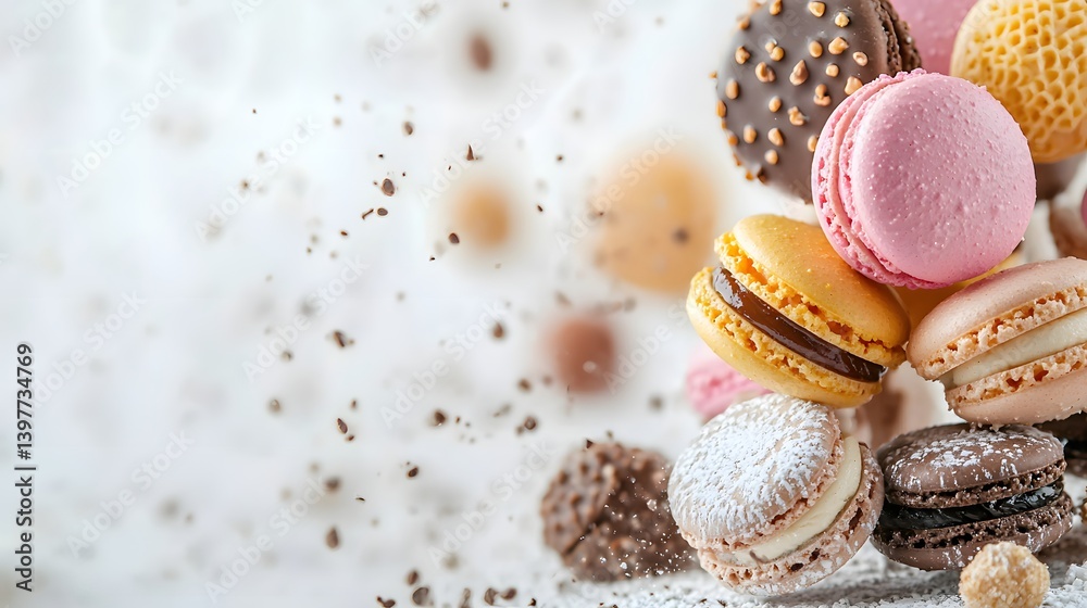 Fototapeta premium Assorted Colorful Macarons with Sprinkles and Puffs of Flour on a White Background