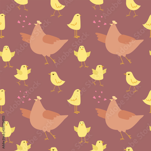 Seamless pattern with hen and chicks on a dark background. Chicken with brood. Cute lovely family of domestic fowl or poultry birds. Childish flat cartoon vector illustration.