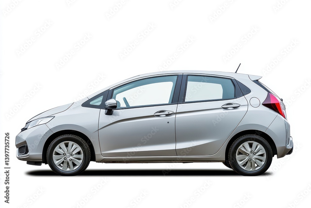 A side profile view of a gray hatchback car isolated on a white background A side profile view of a gray hatchback car isolated on a white background