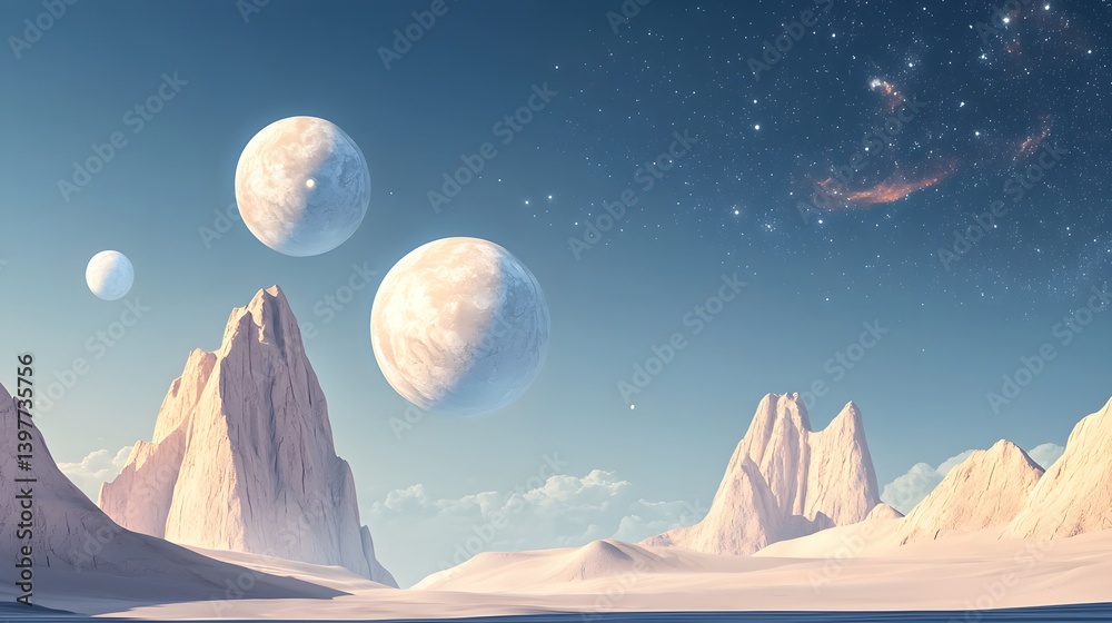 Surreal Landscape with Floating Planets and Mysterious Mountains Under a Starry Sky Surreal Landscape with Floating Planets and Mysterious Mountains Under a Starry Sky