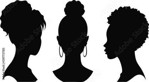 African American Women Silhouettes with Braided Bun and Curly Afro Style Hair