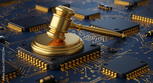 Golden Gavel on Microchip Circuit Board Digital Justice Tech Law Cybercrime Concept