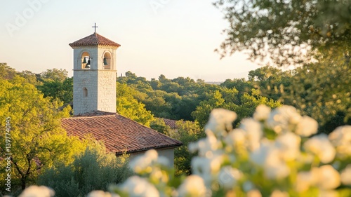 White Stone Church Bell Tower and Lush Green Landscape