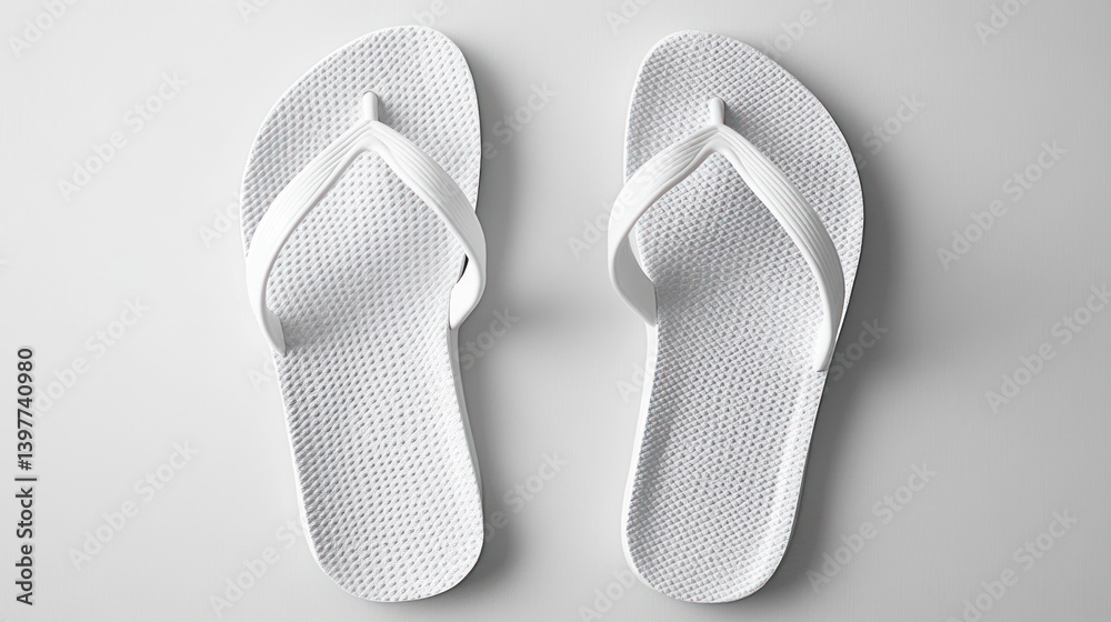 Two white flip flop sandals resting on a simple white surface Two white flip flop sandals resting on a simple white surface