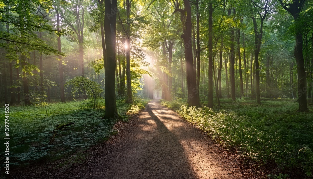 Fototapeta premium Forest Trail with Sunlight: The image depicts a tranquil path winding through a dense forest, with sunlight filtering through the trees, casting a serene and inviting atmosphere.