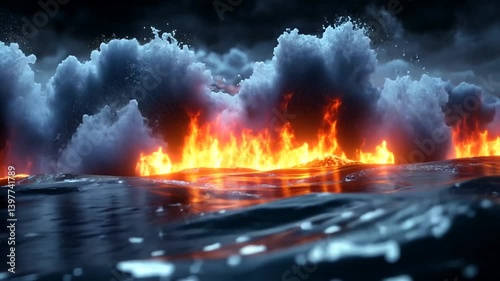 Dramatic volcanic eruption at ocean's edge with fiery lava contrasting against dark stormy sky
