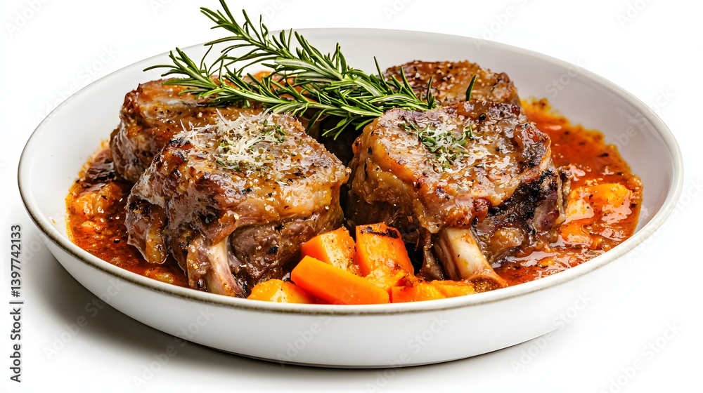 Deliciously Cooked Lamb Chops Served with Vegetables and Fresh Rosemary on a White Plate Deliciously Cooked Lamb Chops Served with Vegetables and Fresh Rosemary on a White Plate