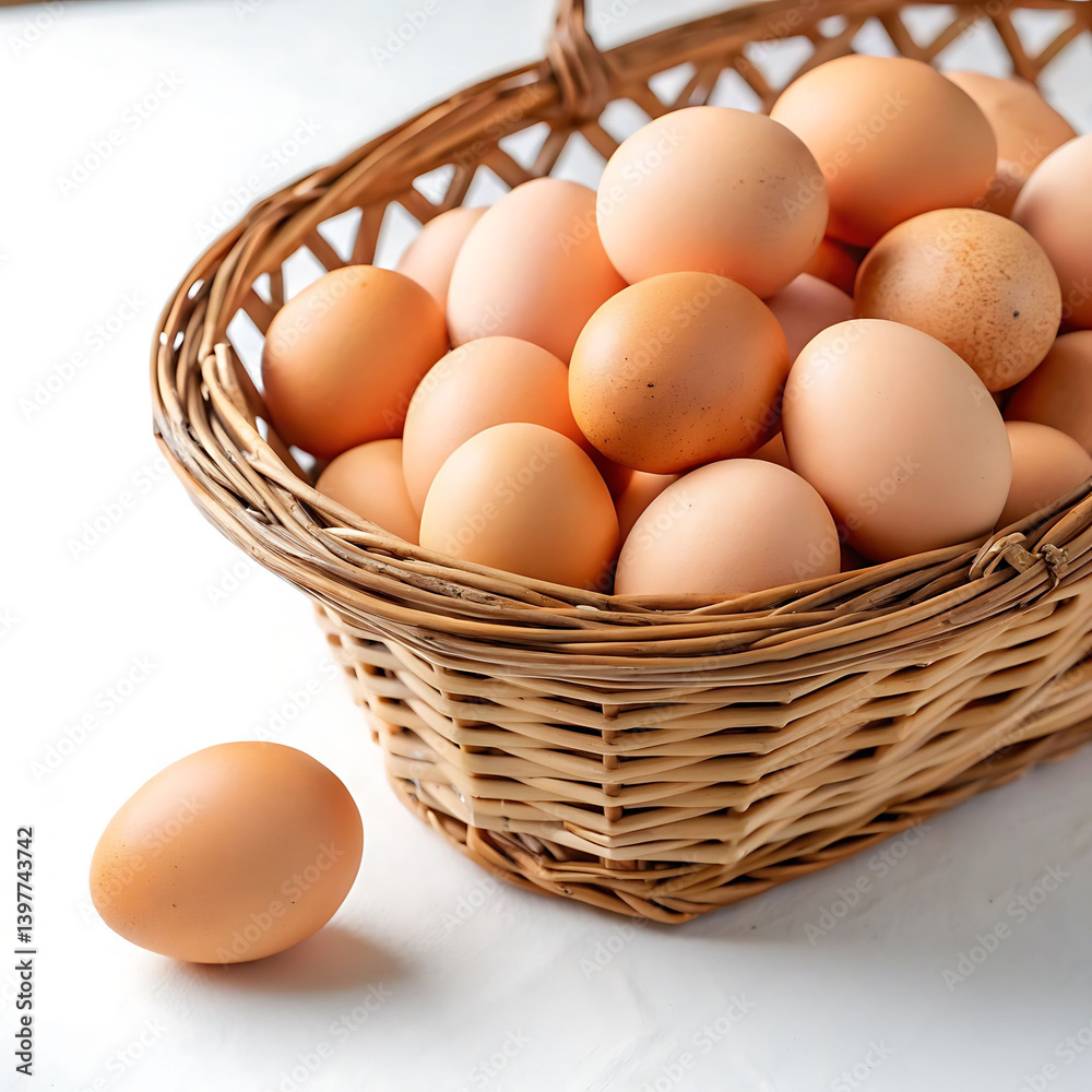 Fresh brown eggs nestled in a rustic wicker basket.