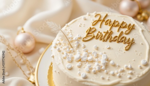 Obraz na płótnie Birthday cake with white frosting and golden text w salonie