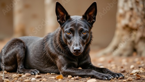 Black dog resting outdoors